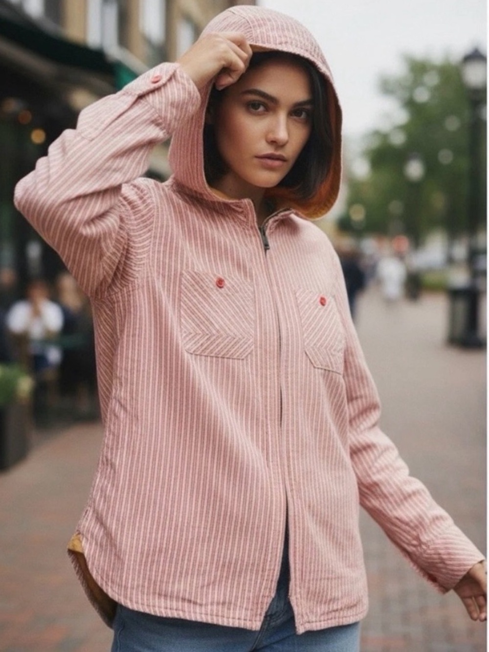 Toad & Co. Pink Striped Hooded Zip Front Organic Cotton Shirt Jacket Size Large